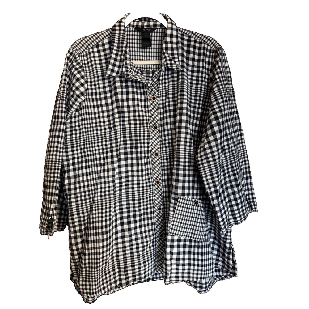 Ali Miles Womens 1X Black White Gingham Check Button Up Shirt Cotton Bohemian - Picture 3 of 7